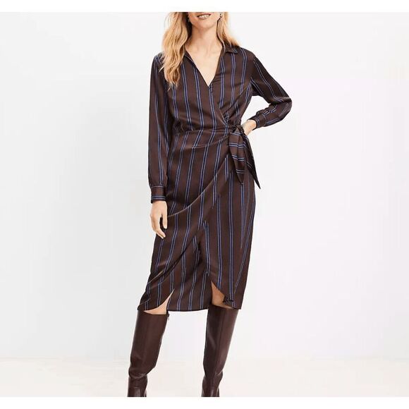 LOFT Brown Satin Striped Wrap Midi Dress w/ Waist Tie, Collared, Size M - Picture 2 of 12